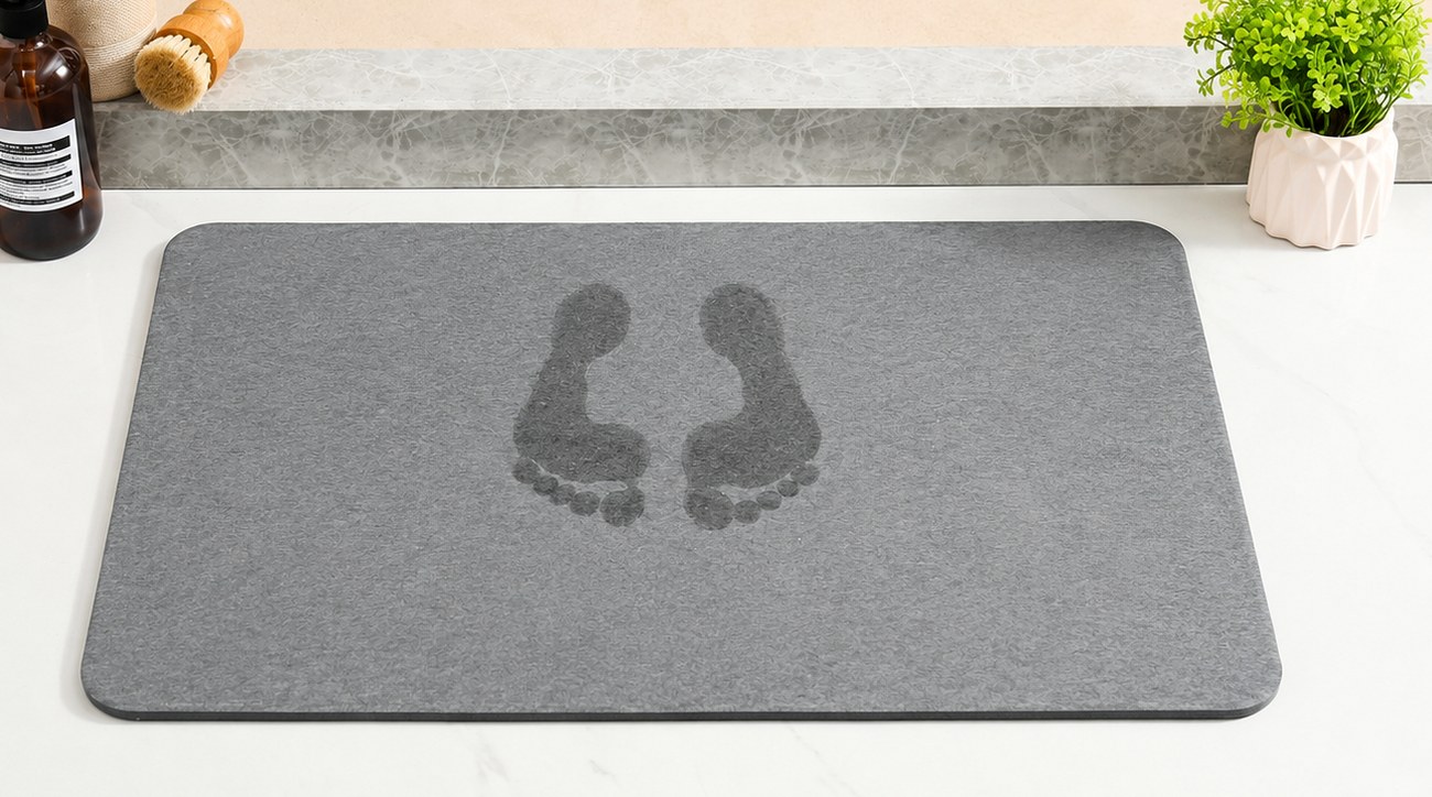 Wet footprint drying on a diatomite bath mat