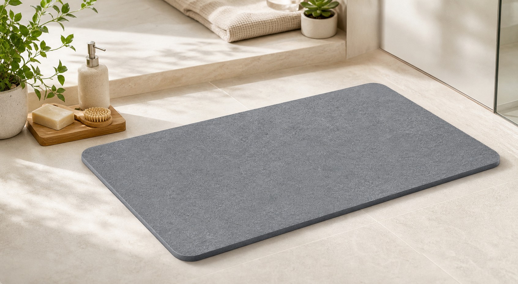 Grey diatomite stone bath mat in a clean bathroom setting